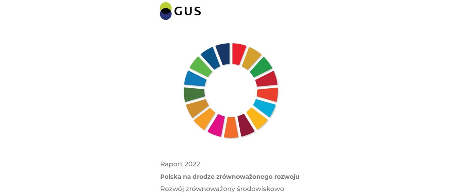 Grafika przestawia okładkę publikacji GUS pt. "Raport 2022. Polska na drodze zrównoważonego rozwoju". Na zdjęciu w lewym górnym rogu znajduje się logo GUS, a na środku koło celów Agendy 2030. Pod nim znajduje się tytuł publikacji.
