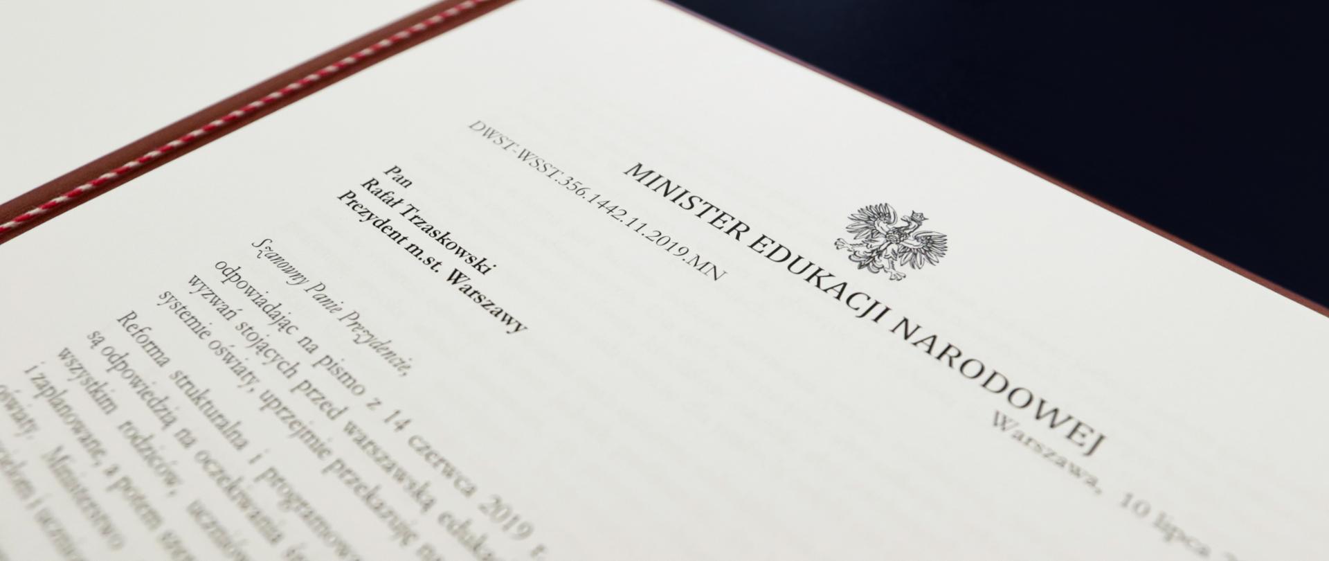List Ministra Edukacji Dariusza Piontkowskiego do Prezydenta Warszawy Rafała Trzaskowskiego