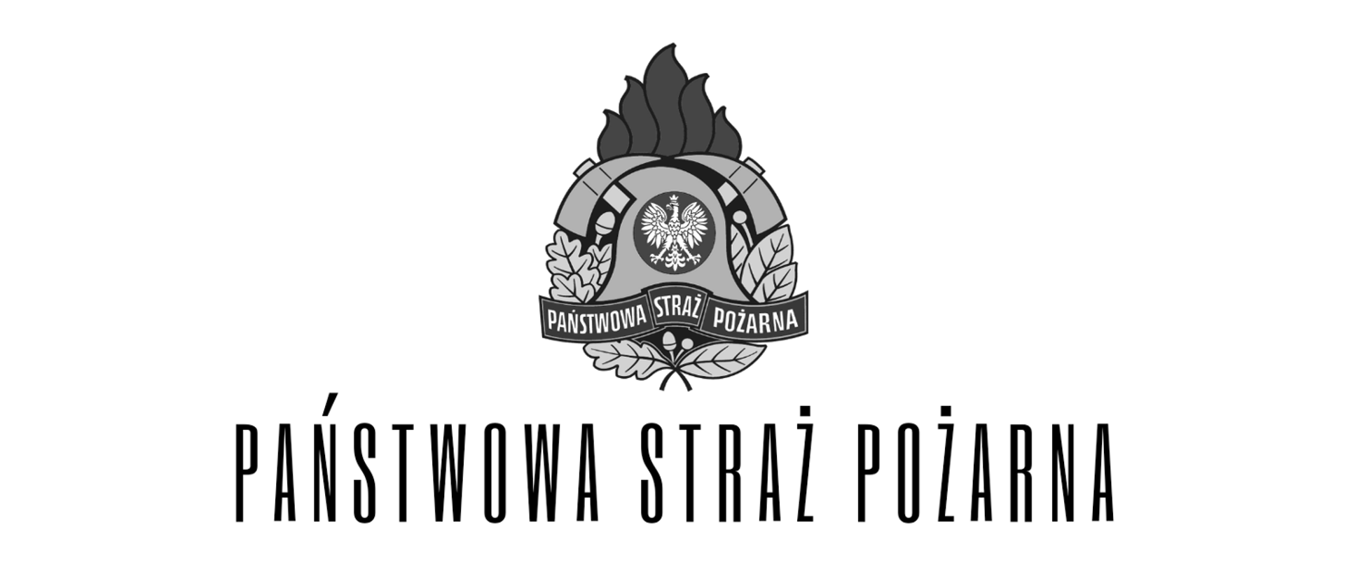 Logo PSP i napis Państwowa Straż Pożarna w kolorach czarno-białych