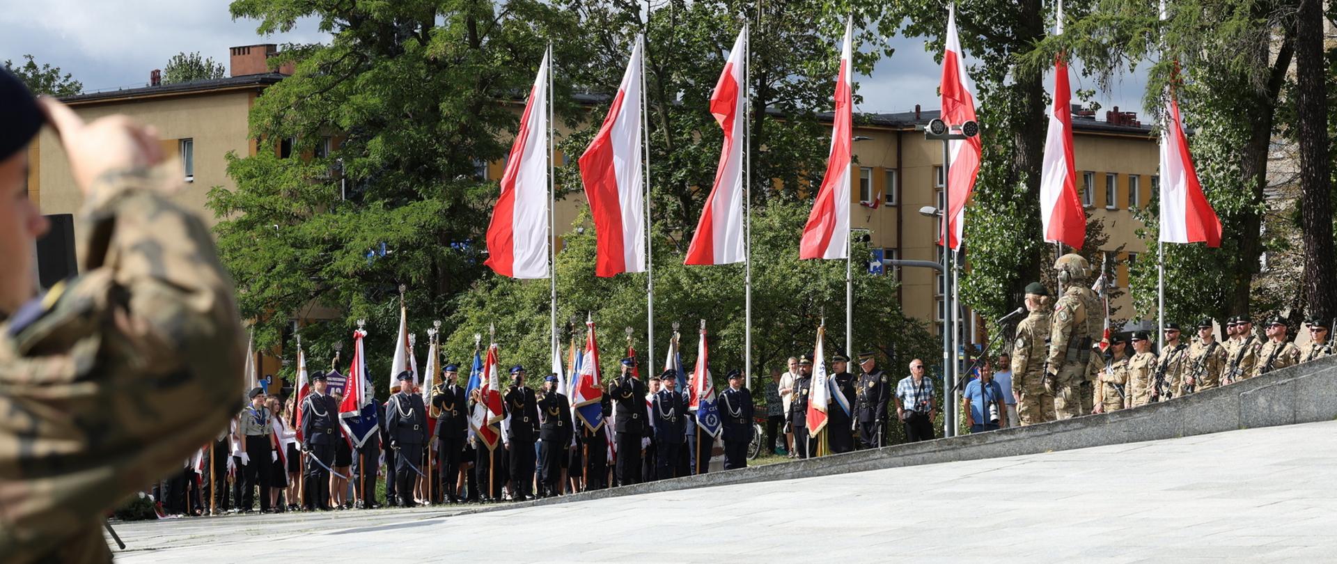 Szeroki plac miejski podczas uroczystości państwowej. Na pierwszym planie żołnierz w mundurze polowym salutujący, w tle rząd wysokich masztów z powiewającymi biało-czerwonymi flagami Polski. Pod flagami stoi grupa osób w mundurach galowych ze sztandarami oraz żołnierze w szyku, część z bronią. Nawierzchnia placu to jasne płyty kamienne.