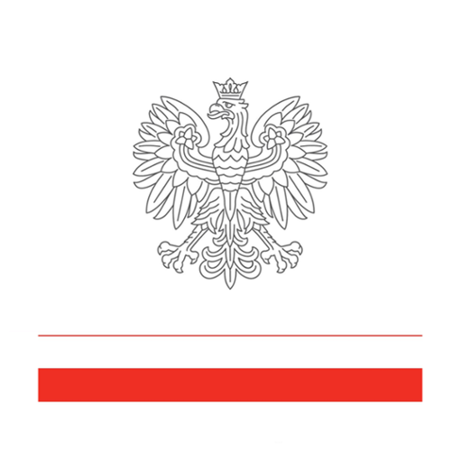 Logotyp MSZ - orzeł biały w koronie na białym tle, pod spodem widoczna flaga biało-czerwona.