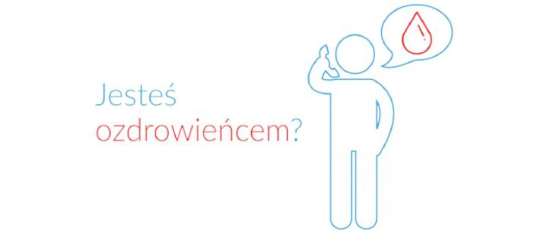 Zdjęcie przedstawia napis pytający "Jesteś ozdrowieńcem" i wizerunek człowieka trzymającego telefon w ręce. 