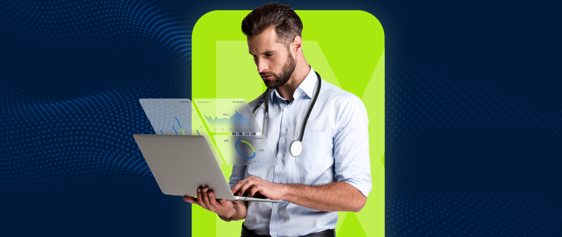 Mężczyzna trzymający w ręce komputer na żółtym tle.