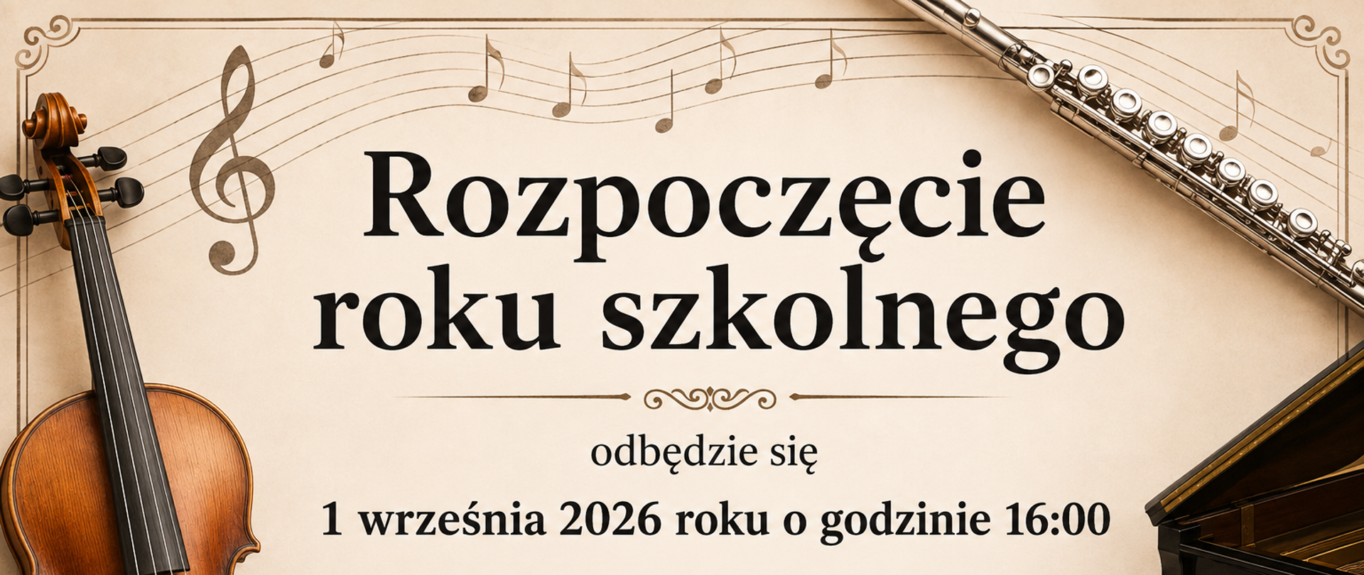 Grafika przedstawia instrumenty oraz informacje o rozpoczęciu roku szkolnego, pastelowe kolory, czarne litery na beżowym tle