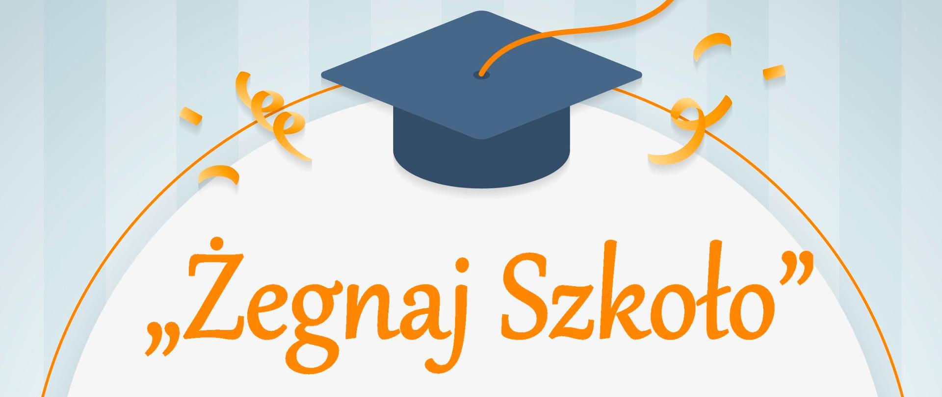Plakat informujący o koncercie absolwentów w dniu 20 czerwca 2023. Na jasnoniebieski tle na środku umieszone jest białe koło w którym znajdują się pomarańczowe napisy informujące o koncercie . Wokół koła umieszczone są ikony w kolorze ciemnoniebieskim przedstawiające czapkę ucznia kończącego szkołę.