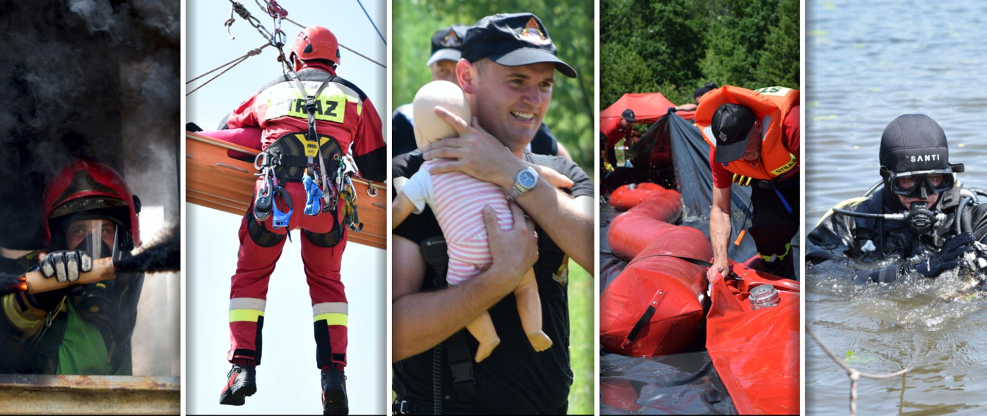 Infografika składająca się z pięciu pionowych ujęć. Od lewej strony strażak trzymający świece dymną, strażak zawieszony na linach z noszami ewakuacyjnymi, strażak niosący lalkę symulującą małe dziecko, strażak układający rękaw przeciwpowodziowy na wałach zbiornika wodnego, płetwonurek zanurzony w wodzie.