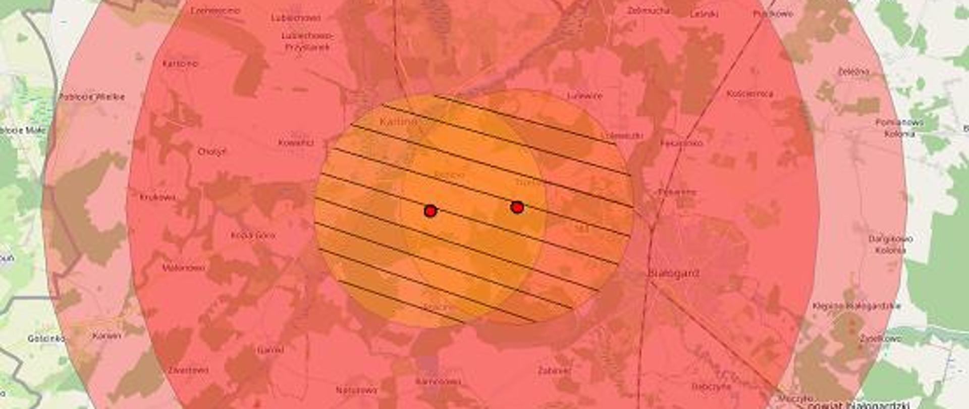 fragment mapy z zaznaczonymi obszarami zapowietrzonym i zagrożonym