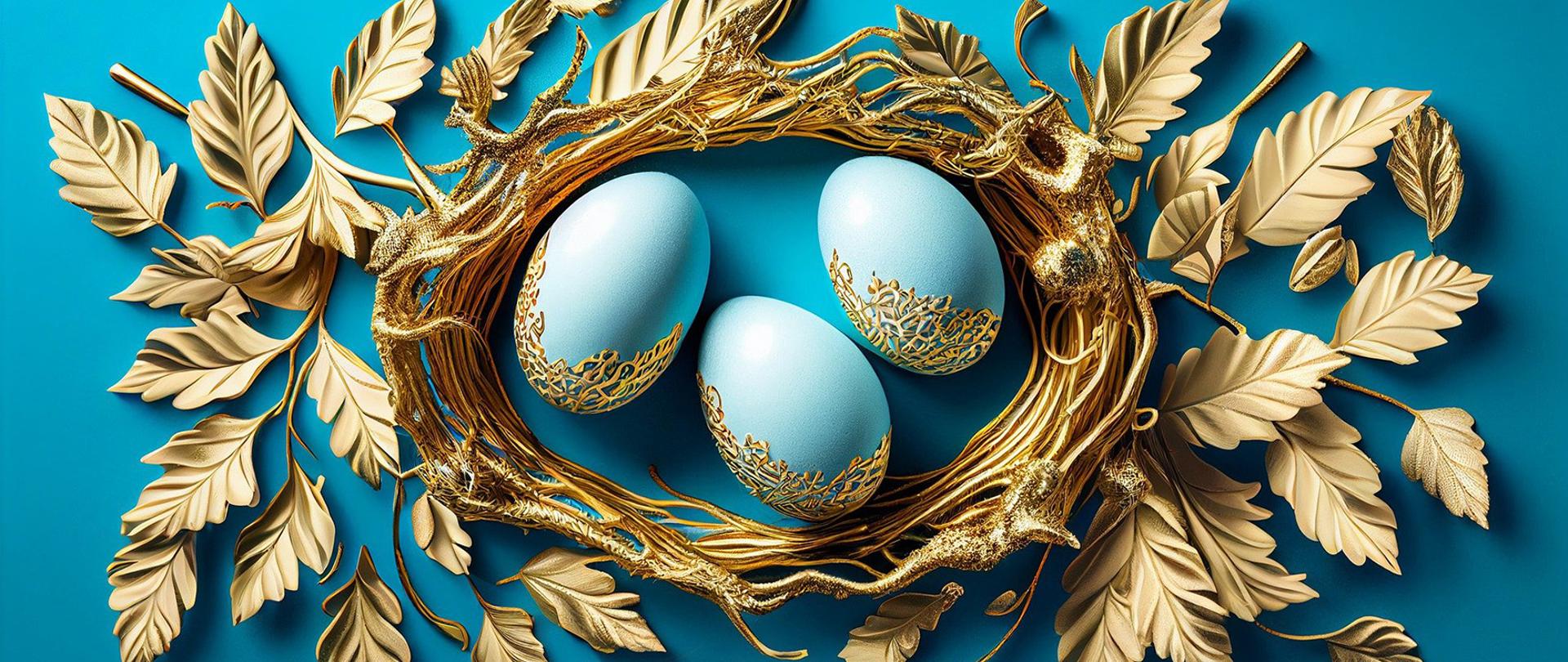 Grafika. Na niebieskim tle złoty wieniec, a w nim trzy niebiesko-złote pisanki. Poniżej tekst: pogodnych Świąt Wielkanocnych składa Dyrekcja wraz ze społecznością Państwowego Liceum Sztuk Plastycznych w Łodzi. Obok wielobarwny logotyp szkoły