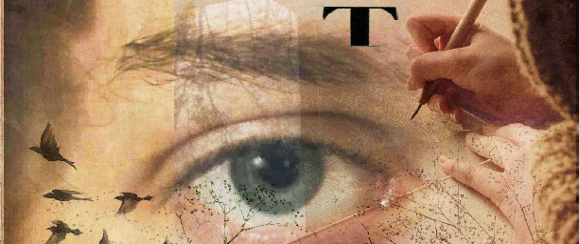 Grafika jest fotomontażem. W centrum znajduje się otwarte oko, jest ono przeskalowane. Po prawej stronie znajdują się dłonie artystki. Jedną ręką artystka dotyka tworzonej grafiki, a drugą prawą ręką w której trzyma pędzel ciągle jeszcze maluje swoje dzieło. Po lewej stronie w dolnym roku widzimy klucz odlatujących ptaków. Autorką grafiki jest Izabela Sarecka uczennica kl. 2A PLSP
