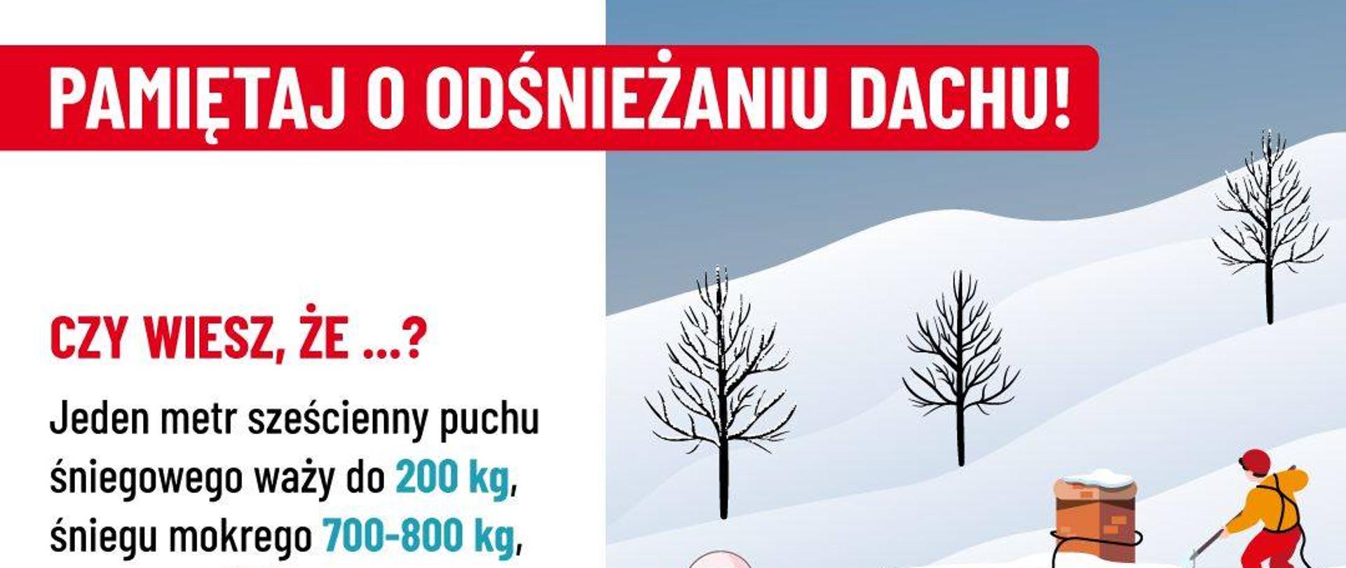 Obrazek rysunkowy. Na obrazku przypomnienia o odśnieżaniu dachów. Rysunkowy chłopiec z łopatą do śniegu.