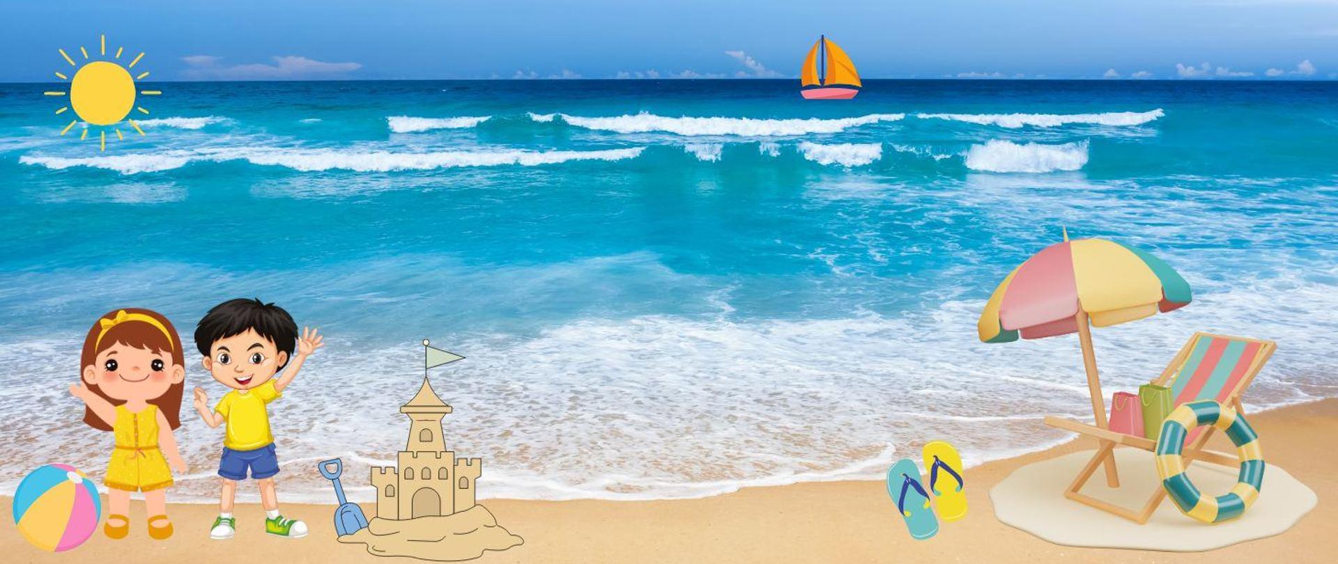 Grafika przedstawia morze, dzieci, leżak, piłkę i klapki.