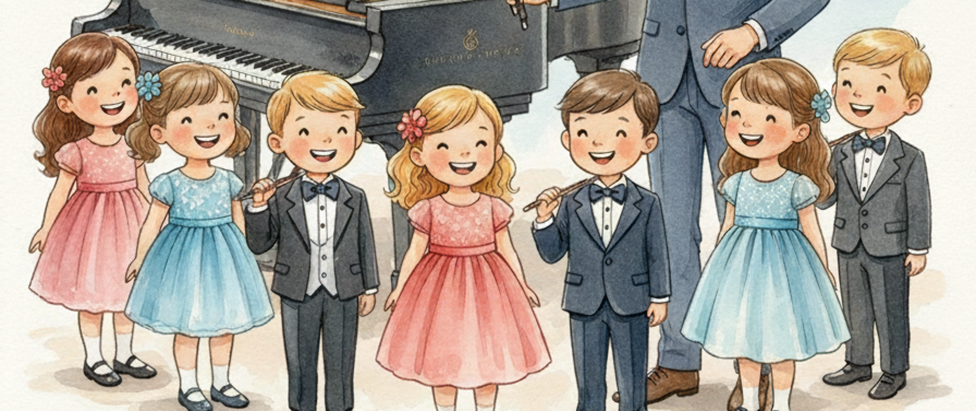 Ilustracja wygenerowana przez AI, uczniowie na scenie z fortepianem i nauczycielem