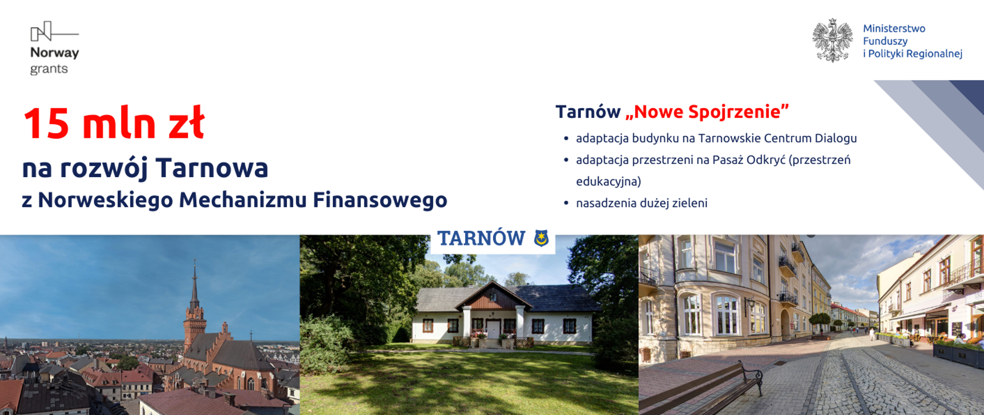 napis na grafice: 15 mln zł na rozwój Tarnowa z Norweskiego Mechanizmu Finansowego