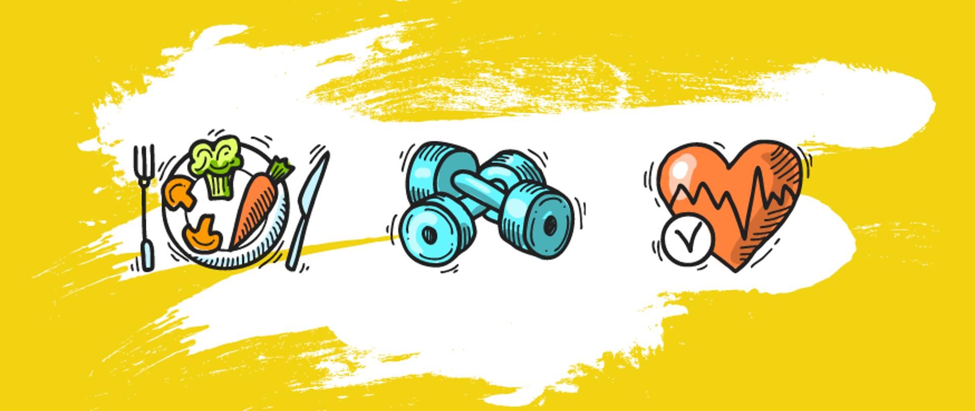 Na zdjęciu jest logo Państwowej Inspekcji Sanitarnej. Poniżej grafika zdrowego talerza, hantle oraz serce. Na dole jest napisane 10 kwietnia 2025 r. Dzień otwarty w PSSE w Łobzie. Tło jest żółte.