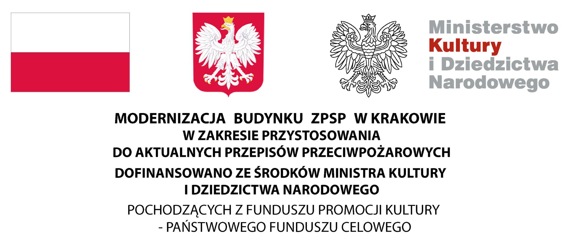 Na białym tle logotypy: flaga Polski, Godło Polski, Logotyp Ministerstwa Kultury i Dziedzictwa Narodowego. Poniżej napis Modernizacja budynku ZPSP w Krakowie w zakresie przystosowania obiektu do aktualnych przepisów przeciwpożarowych. Dofinansowano ze Środków Ministra Kultury i Dziedzictwa Narodowego