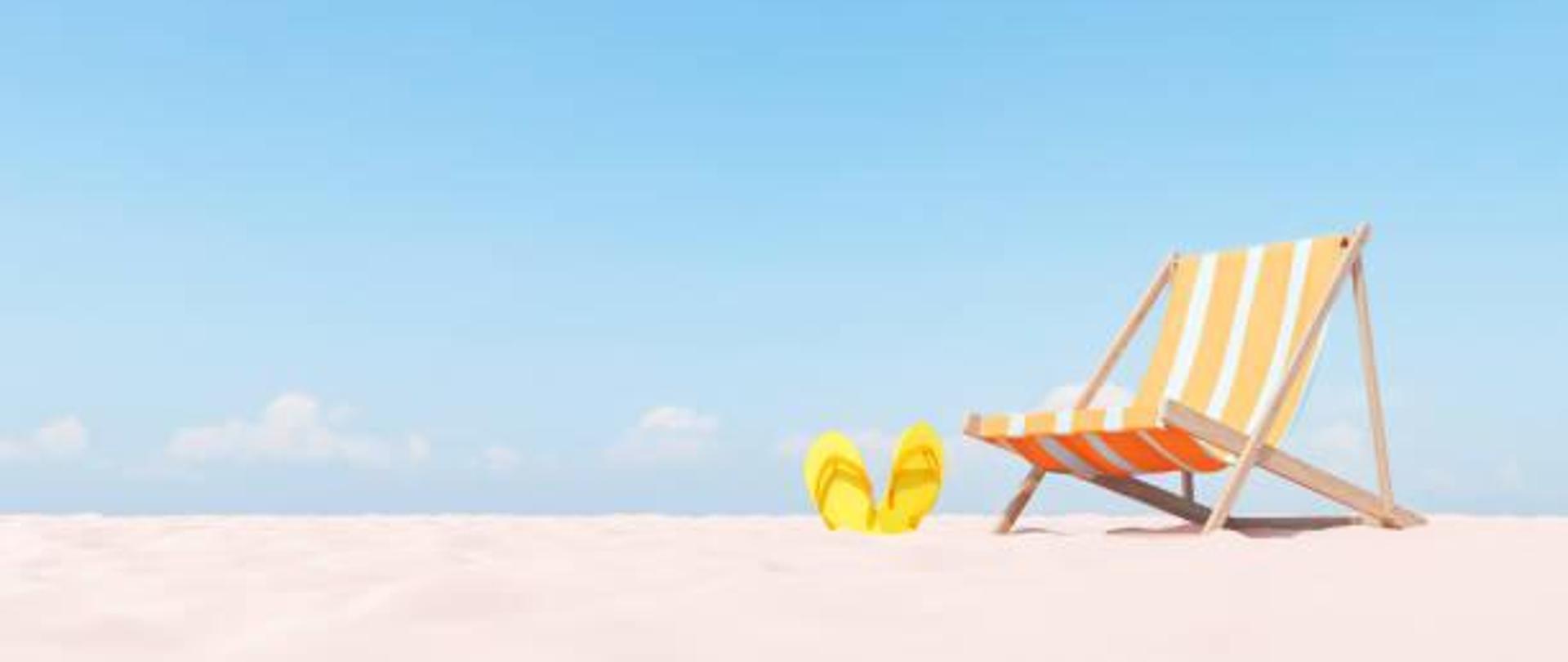 3D render of empty sandy beach with slippers placed near striped folding beach chair under blue sky on sunny day