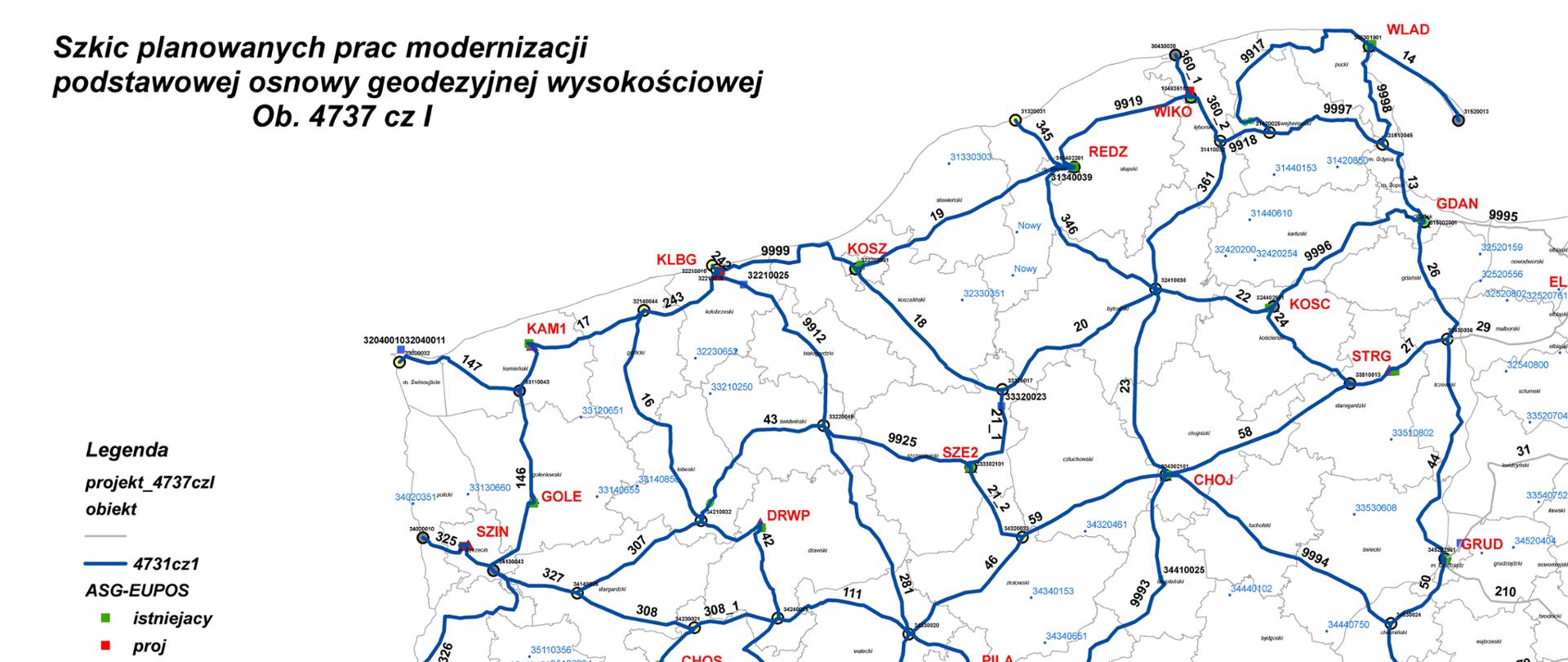 Ilustracja przedstawia fragment terytorium Polski z przebiegiem linii niwelacyjnych planowanych do przeglądu w ramach zawartej umowy.