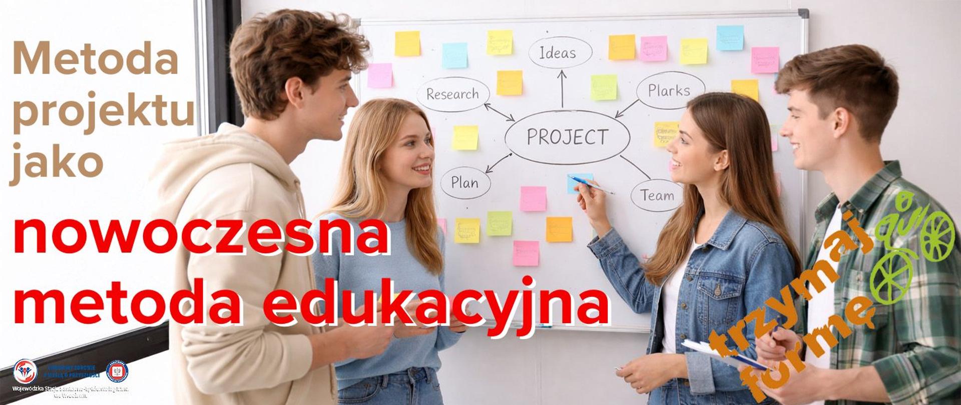 Uczniowie stoją przy tablicy z kolorowymi karteczkami (sticky notes). Tworzą plan projektu, diagram lub mapę myśli.