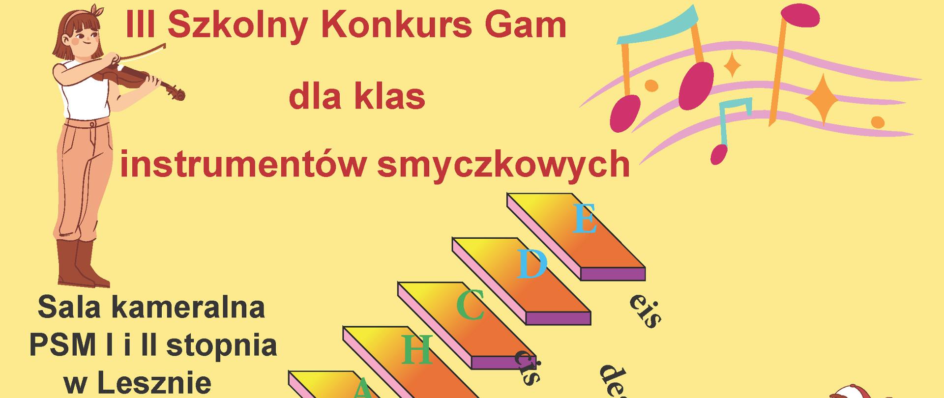 Plakat na żółtym tle z kolorowymi napisami III Szkolny konkurs gam, w górnym lewym rogu rysunek dziewczyny ze skrzypcami, w dolnym prawym rogu rysunek wiolonczelisty, przez środek przechodzą kolorowe płytki uszeregowane w górę z nazwami nut.