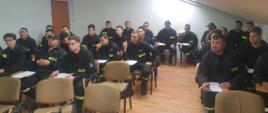 Strażacy – ochotniczy w ciemnych ubraniach koszarowych siedzą na sali egzaminacyjnej podczas pisania testu pisemnego .
