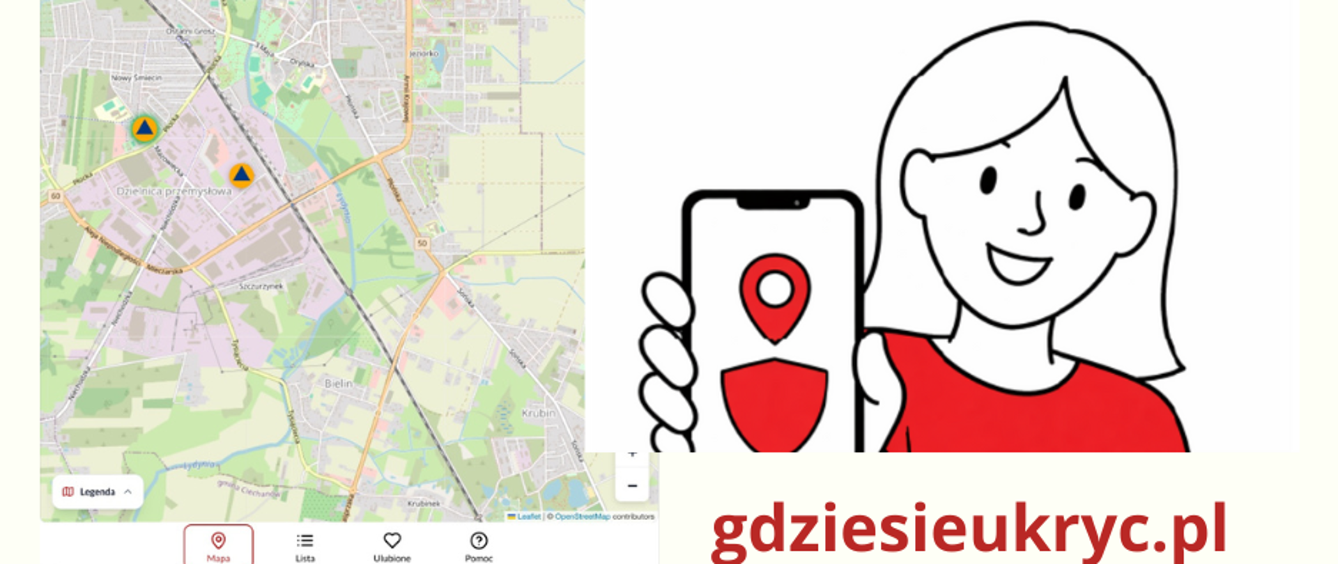 Na grafice umieszczono mapę i postać kobiety trzymającej telefon. Pod spodem napis gdziesieukryc.pl.