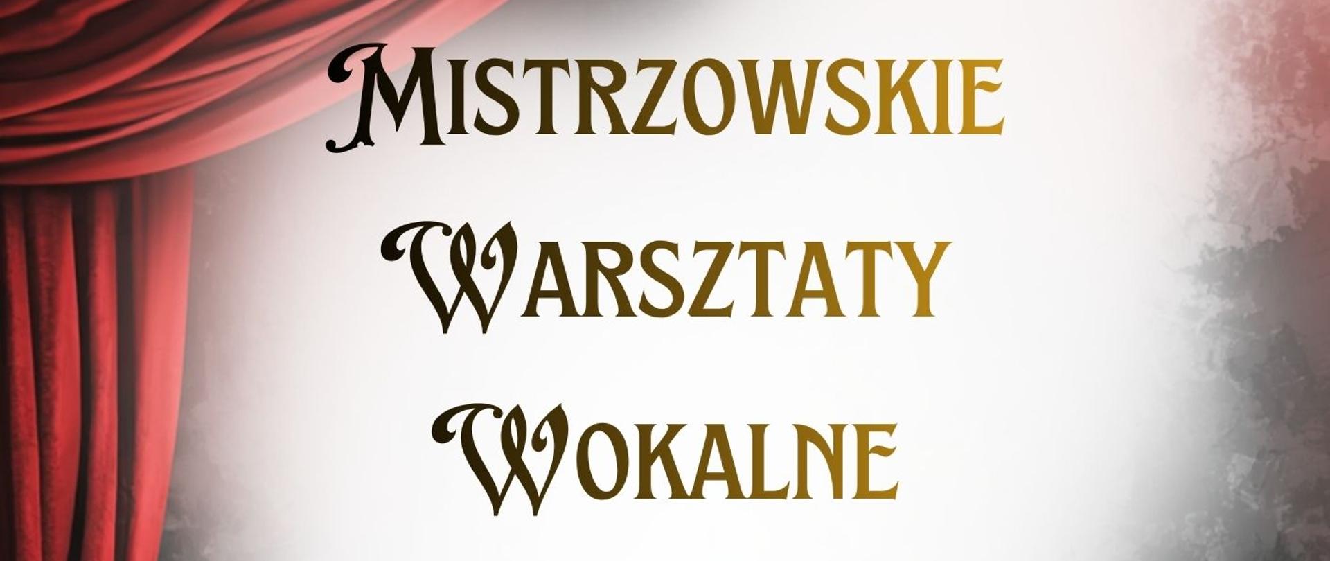 Plakat informujący o mistrzowskich warsztatach wokalnych prowadzonych przez profesor dr hab. Ewę Iżykowską-Lipińską z UMFC w Warszawie. Wydarzenie odbędzie się 27 kwietnia 2026 w sali koncertowej Państwowej Szkoły Muzycznej I i II stopnia w Stalowej Woli. Na plakacie widoczna jest czerwona kurtyna po lewej stronie oraz jasne tło z tekstem.