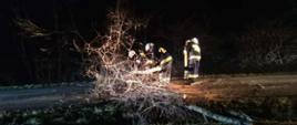Strażacy z OSP Stara Wieś usuwają przy pomocy pił mechanicznych powalone drzewo z drogi.