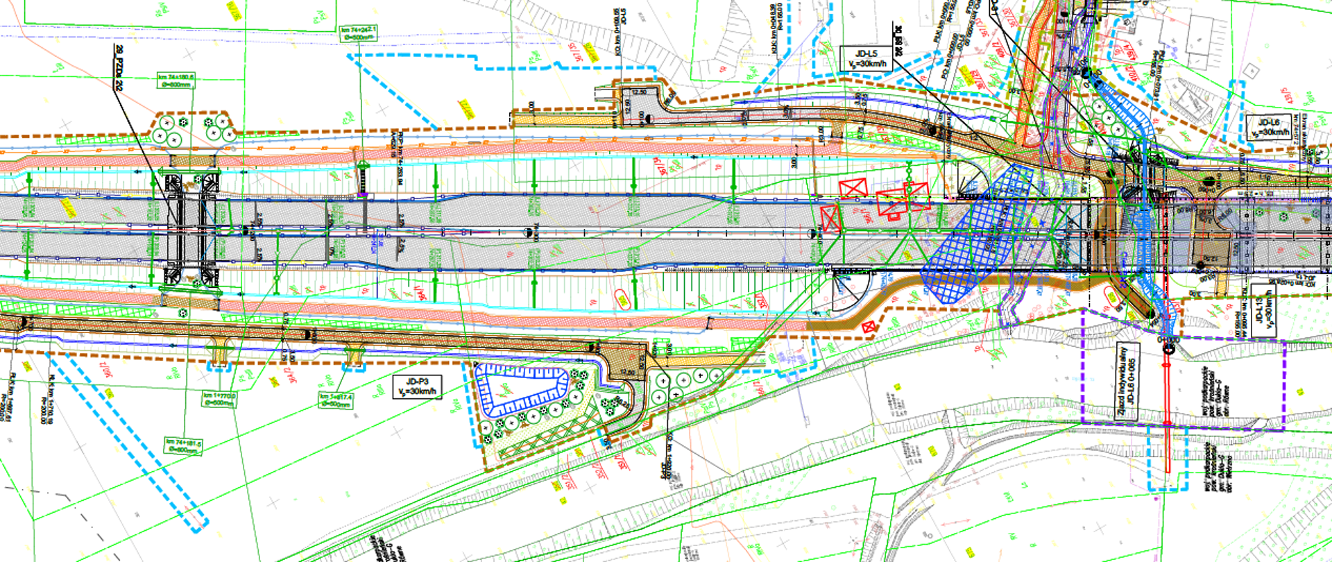 Rysunek techniczny na którym widać drogę i staw staw kompensacyjny