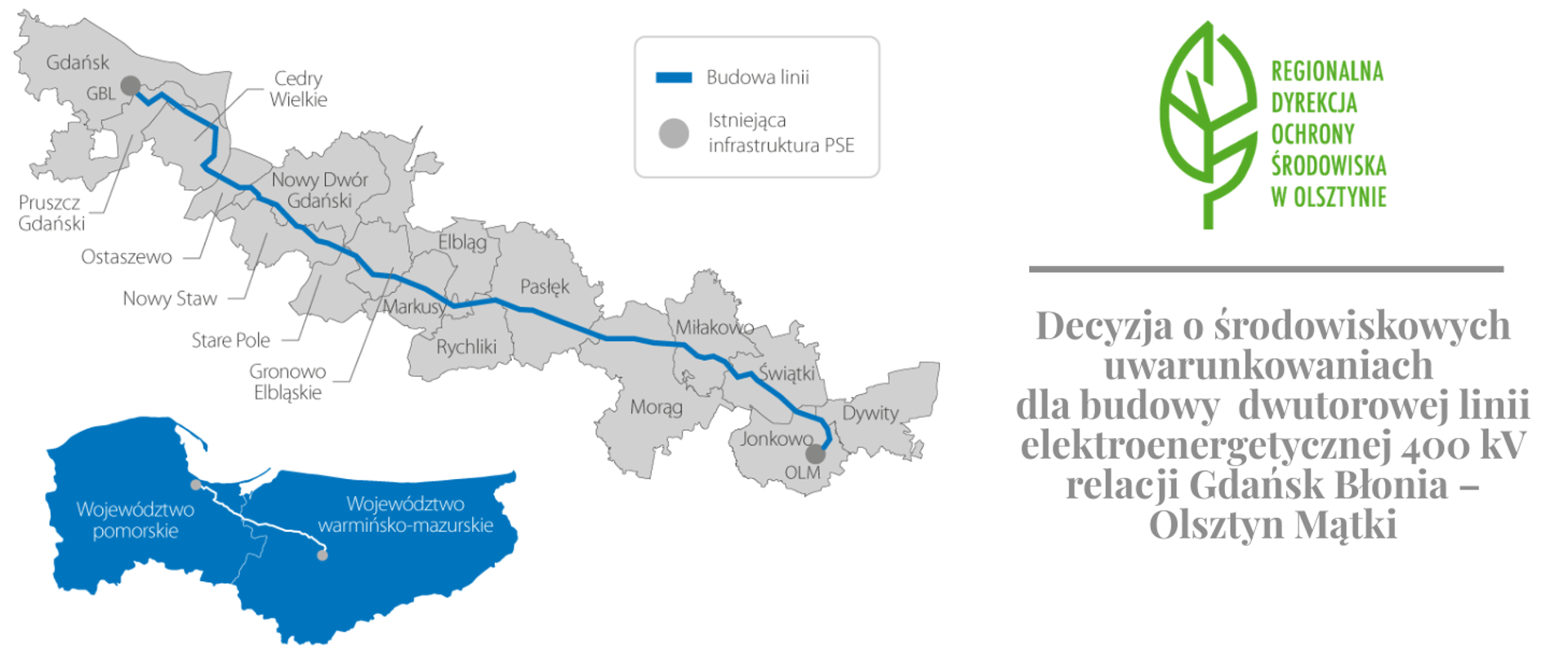 Z lewej strony pokazany przebieg linii elektroenergetycznej wraz z przedstawionym terenem województwa pomorskiego i warmińsko-mazurskiego. Z prawej strony logo Regionalnej Dyrekcji Ochrony Środowiska w Olsztynie (zielony liść), a pod nim napis: Decyzja o środowiskowych uwarunkowaniach dla budowy dwutorowej linii elektroenergetycznej 400 kV relacji Gdańsk Błonia - Olsztyn Mątki