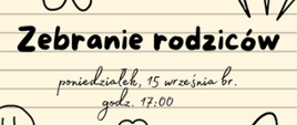 Plakat informujący o zebraniu rodziców w dniu 15 września o godz. 17:00