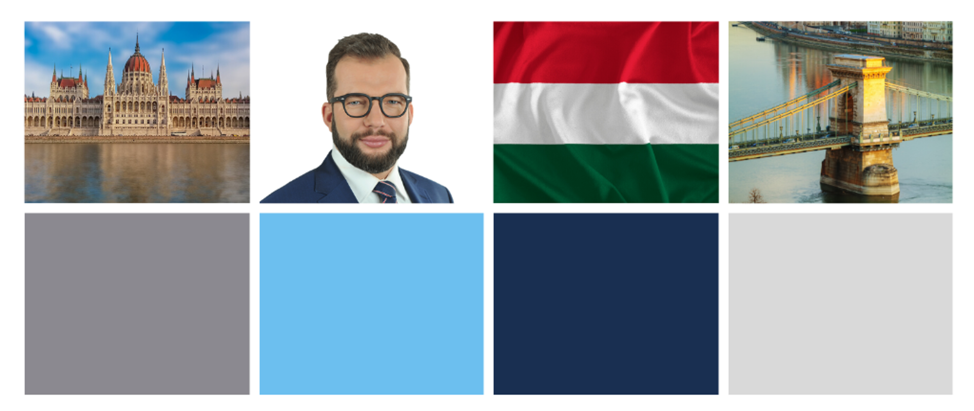 Grafika. Na dole cztery kwadraty (szary, błękitny, granatowy i ecru), na górnych zdjęcia (od lewej): węgierskiego parlamentu, wiceministra Pudy, węgierskiej flagi i Mostu Łańcuchowego w Budapeszcie