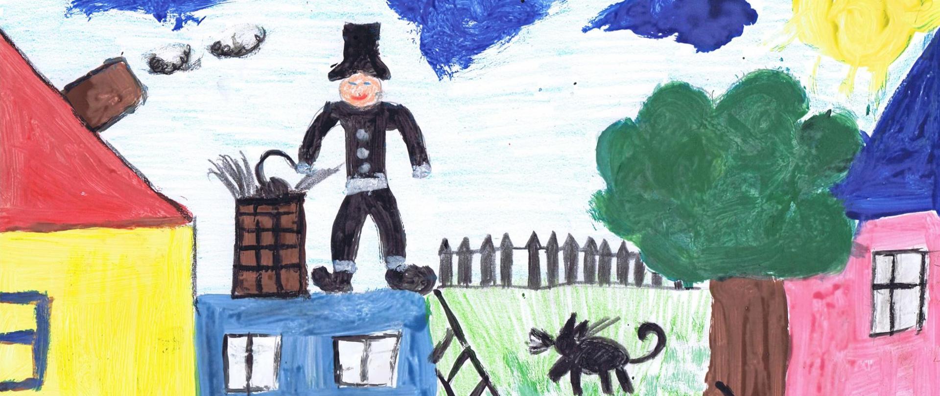 Ilustracja przedstawia kolorowy rysunek wykonany przez dziecko, na pierwszym planie na środku zdjęcia znajduje się kominiarz ubrany na czarno czyszczący komin niebieskiego domu, po prawej stronie znajduje się świecące słońce nad różowym domem z niebieskim dachem, obok rośnie drzewo pełne zielonych liści. Bliżej środka ilustracji widać przebiegającego po trawie czarnego kota, po lewej stronie zaobserwować można kolejny dom koloru żółtego z czerwonym dachem, z którego z brązowego komina wydobywa się dym.