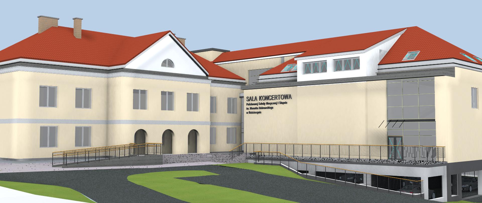 Zdjęcie przedstawie budynek szkoły muzycznej z nowo powstającą salą koncertową. Projekt wykonany w dzień. Budynku w odcieniu kremowym z dachem w kolorze ceglastym.
