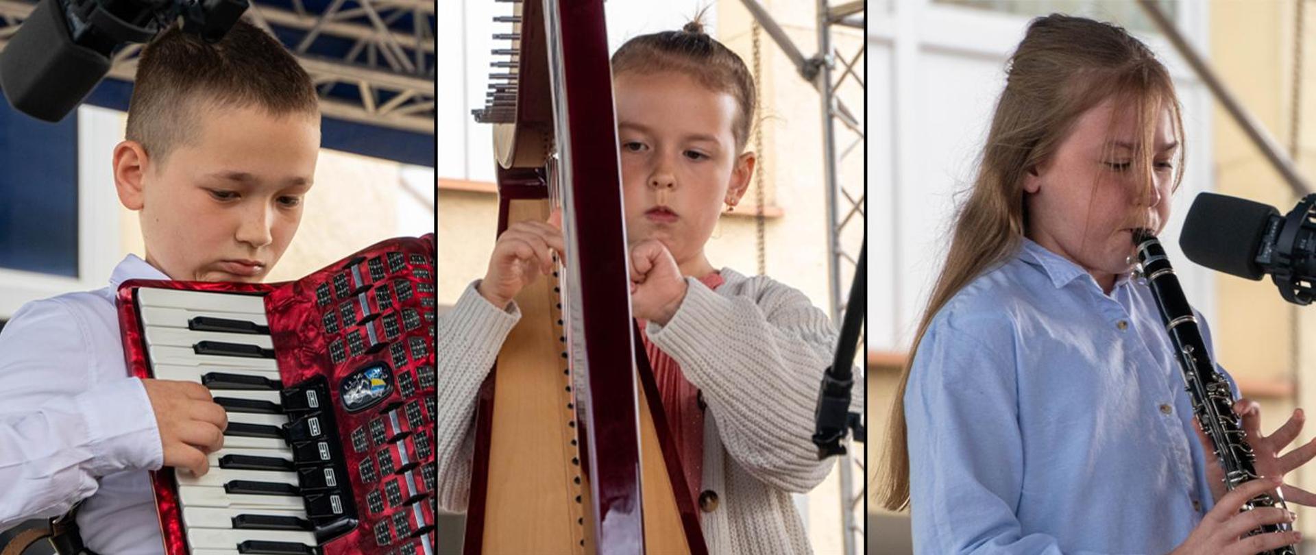 Collage trzech zdjęć, uczniowie grający na akordeonie, harfie i klarnecie.