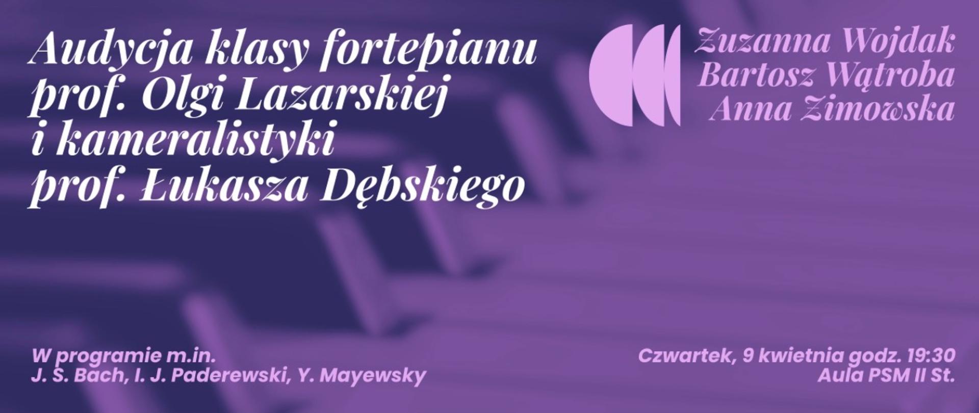 w tle fioletowe zdjęcie klawiatury fortepianu na każdym z rogów fioletowo-białe napisy informujące o wydarzeniu