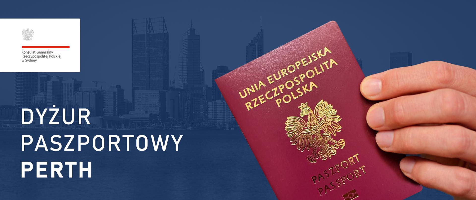 Zdjęcie dłoni trzymającej paszport polski, w tle panorama Perth, obok napis: paszportowy Perth.